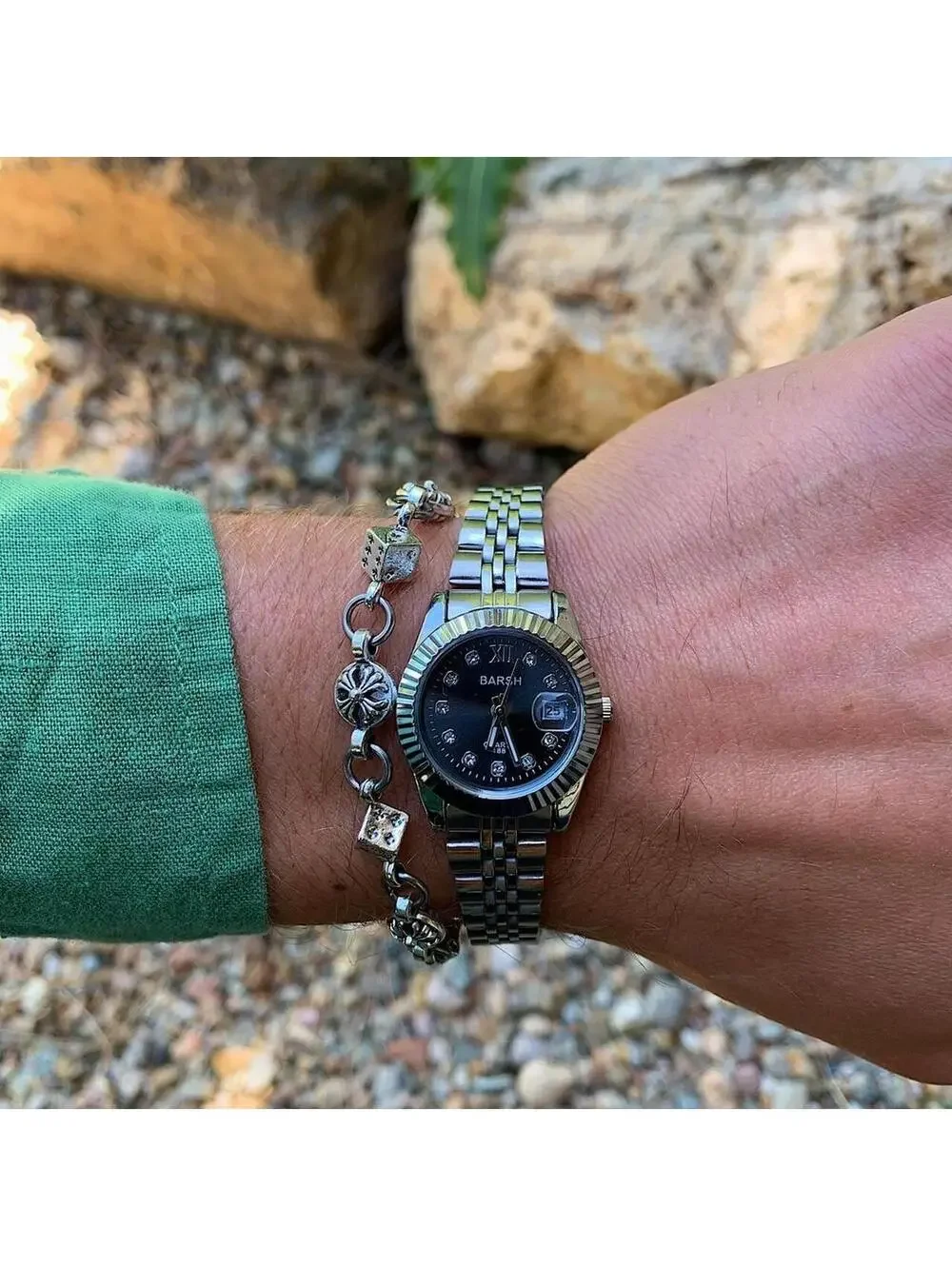 Classy Y2K Style Silver and Black Watch with Diamond Accents